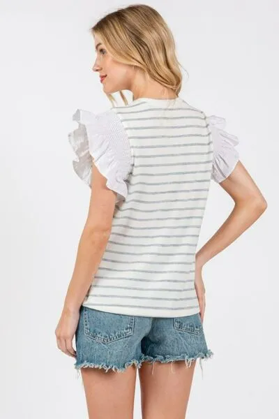 Hazel Blues® |  Ces Femme Contrast Striped Ruffled Cap Sleeve Blouse