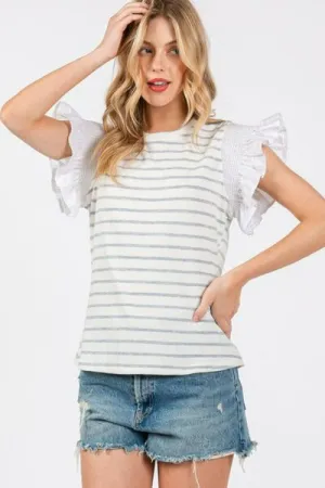 Hazel Blues® |  Ces Femme Contrast Striped Ruffled Cap Sleeve Blouse