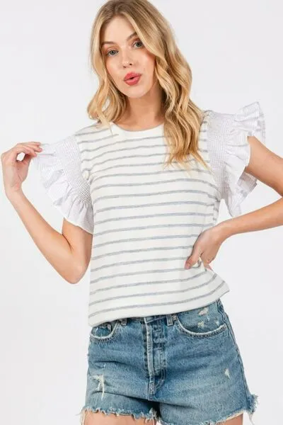 Hazel Blues® |  Ces Femme Contrast Striped Ruffled Cap Sleeve Blouse