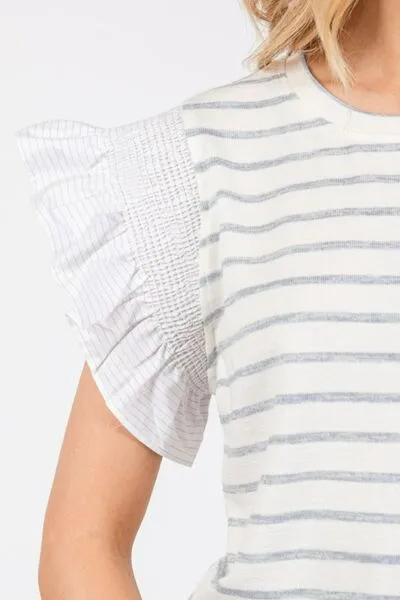 Hazel Blues® |  Ces Femme Contrast Striped Ruffled Cap Sleeve Blouse