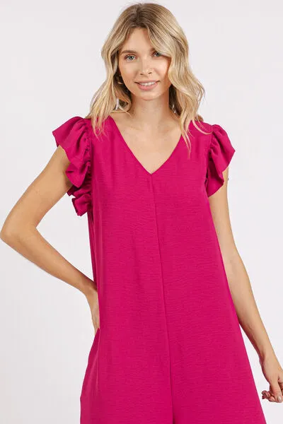 Hazel Blues® |  Mittoshop V-Neck Ruffled Cap Sleeve Wide Leg Jumpsuit