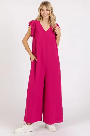 Hazel Blues® |  Mittoshop V-Neck Ruffled Cap Sleeve Wide Leg Jumpsuit
