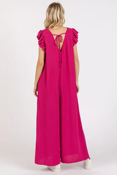 Hazel Blues® |  Mittoshop V-Neck Ruffled Cap Sleeve Wide Leg Jumpsuit