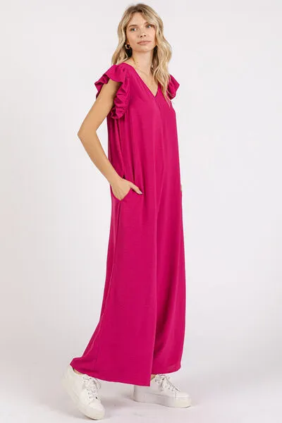 Hazel Blues® |  Mittoshop V-Neck Ruffled Cap Sleeve Wide Leg Jumpsuit