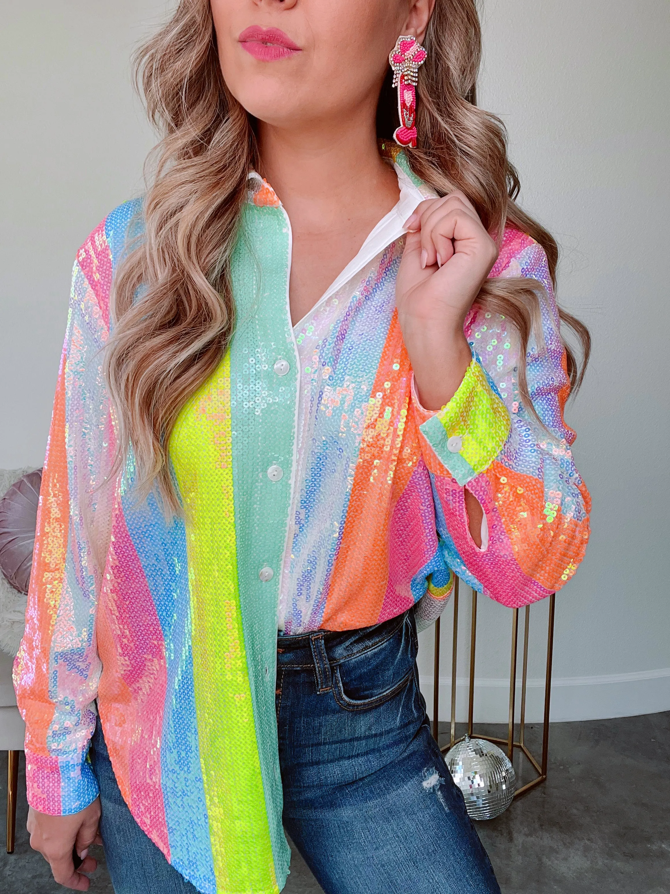 Hey Good Lookin' Sequins & Stripes Neon Shirt