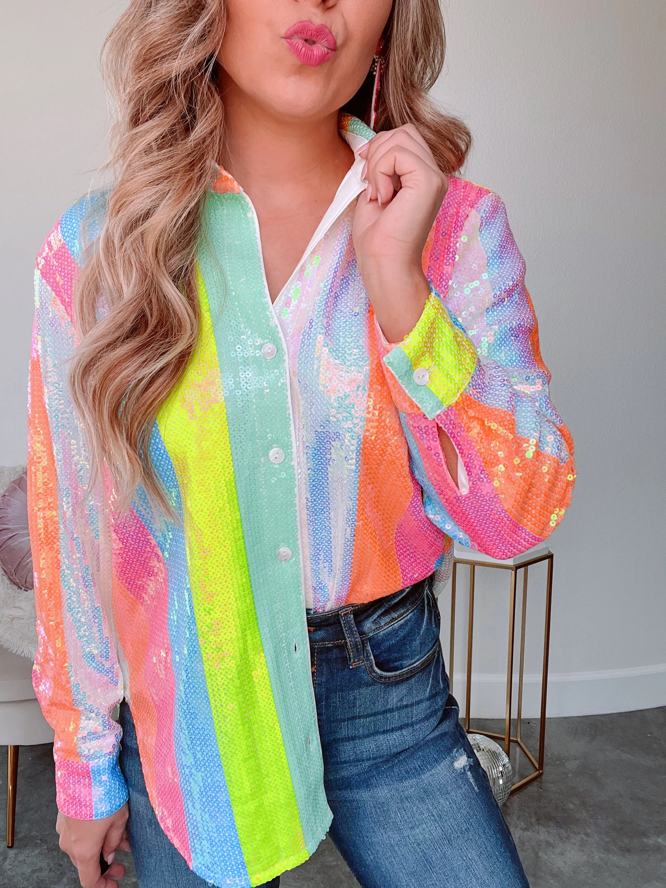Hey Good Lookin' Sequins & Stripes Neon Shirt