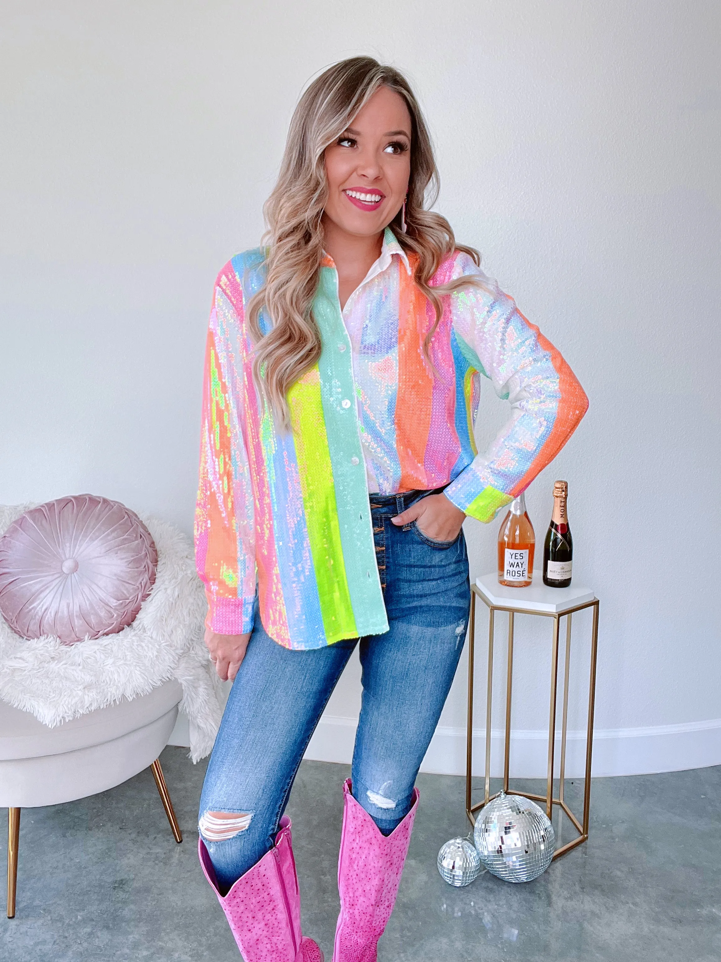 Hey Good Lookin' Sequins & Stripes Neon Shirt