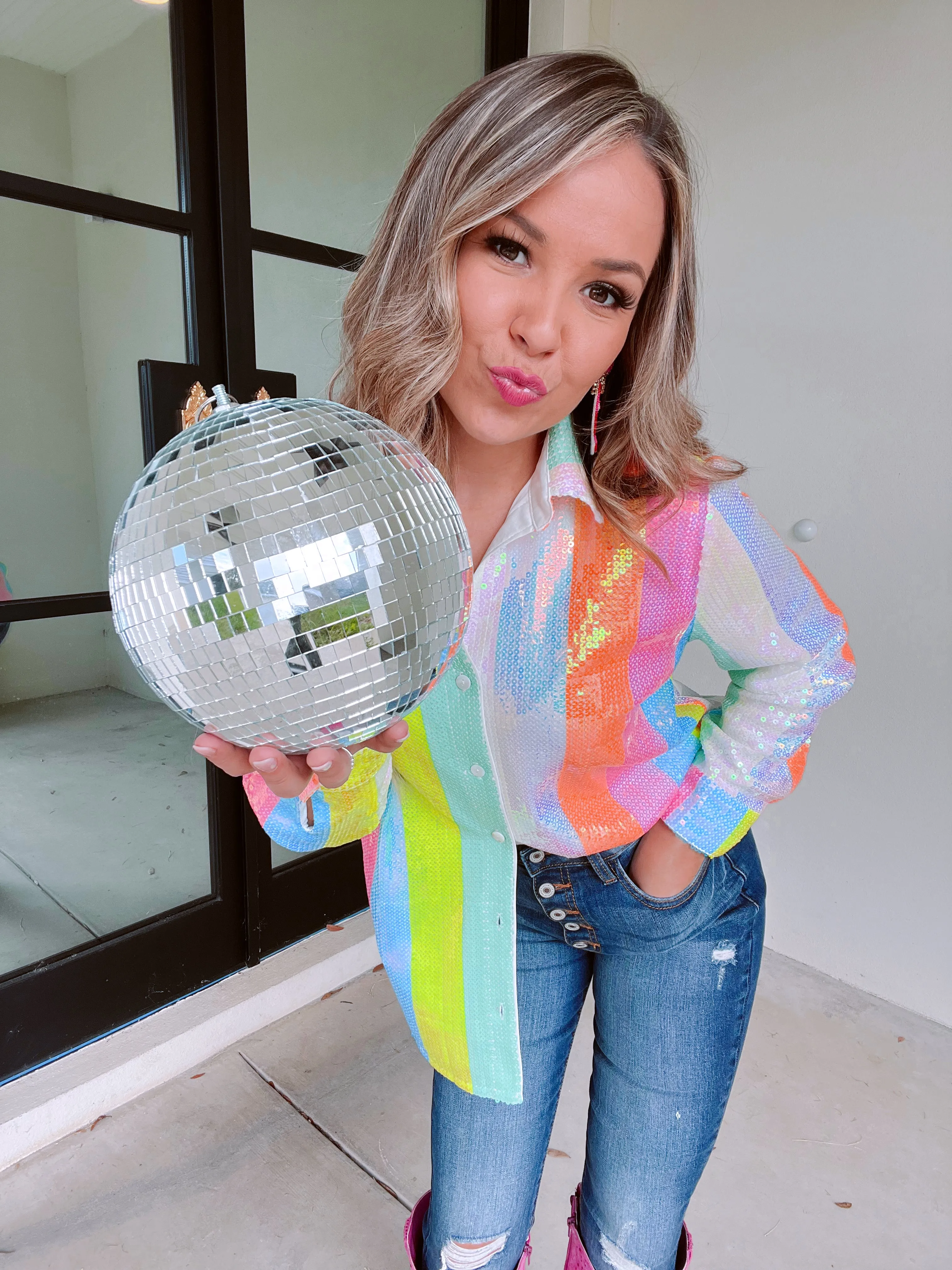 Hey Good Lookin' Sequins & Stripes Neon Shirt