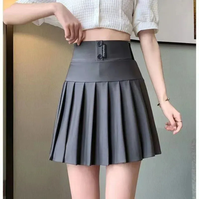 High Waist Women New Pleated Skirt Summer Solid Button Elastic A-line Wearing Safety Pants Fashion All-match Short Skirt