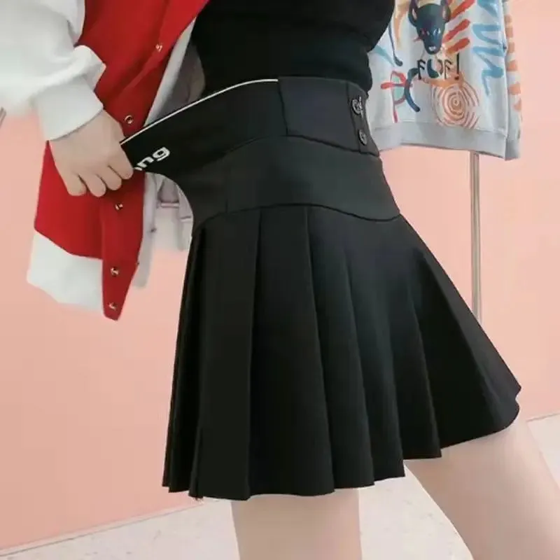 High Waist Women New Pleated Skirt Summer Solid Button Elastic A-line Wearing Safety Pants Fashion All-match Short Skirt