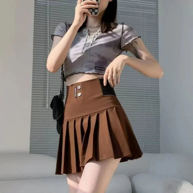 High Waist Women New Pleated Skirt Summer Solid Button Elastic A-line Wearing Safety Pants Fashion All-match Short Skirt