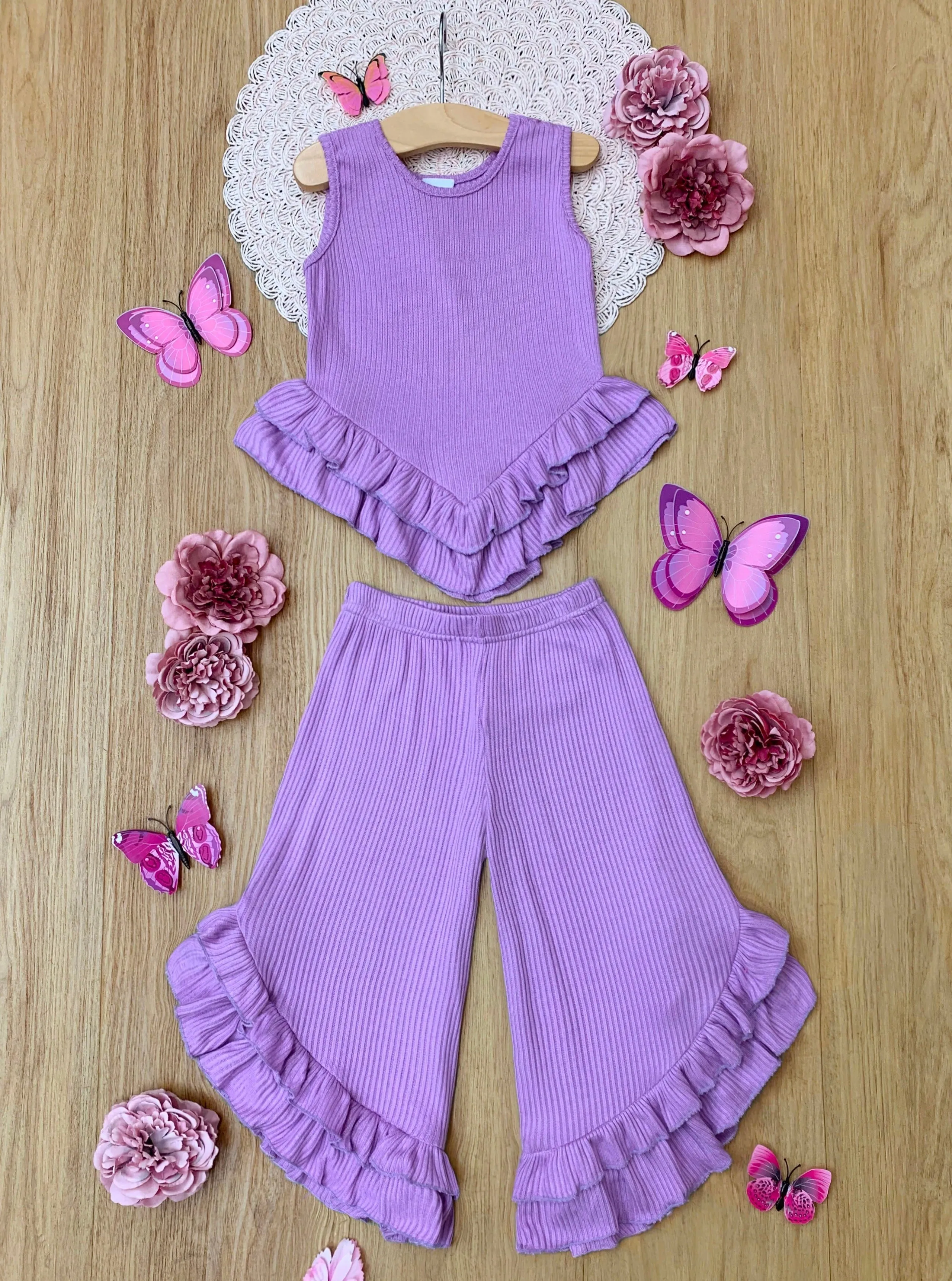 Just Being Cute Lilac Ruffle Pants Set