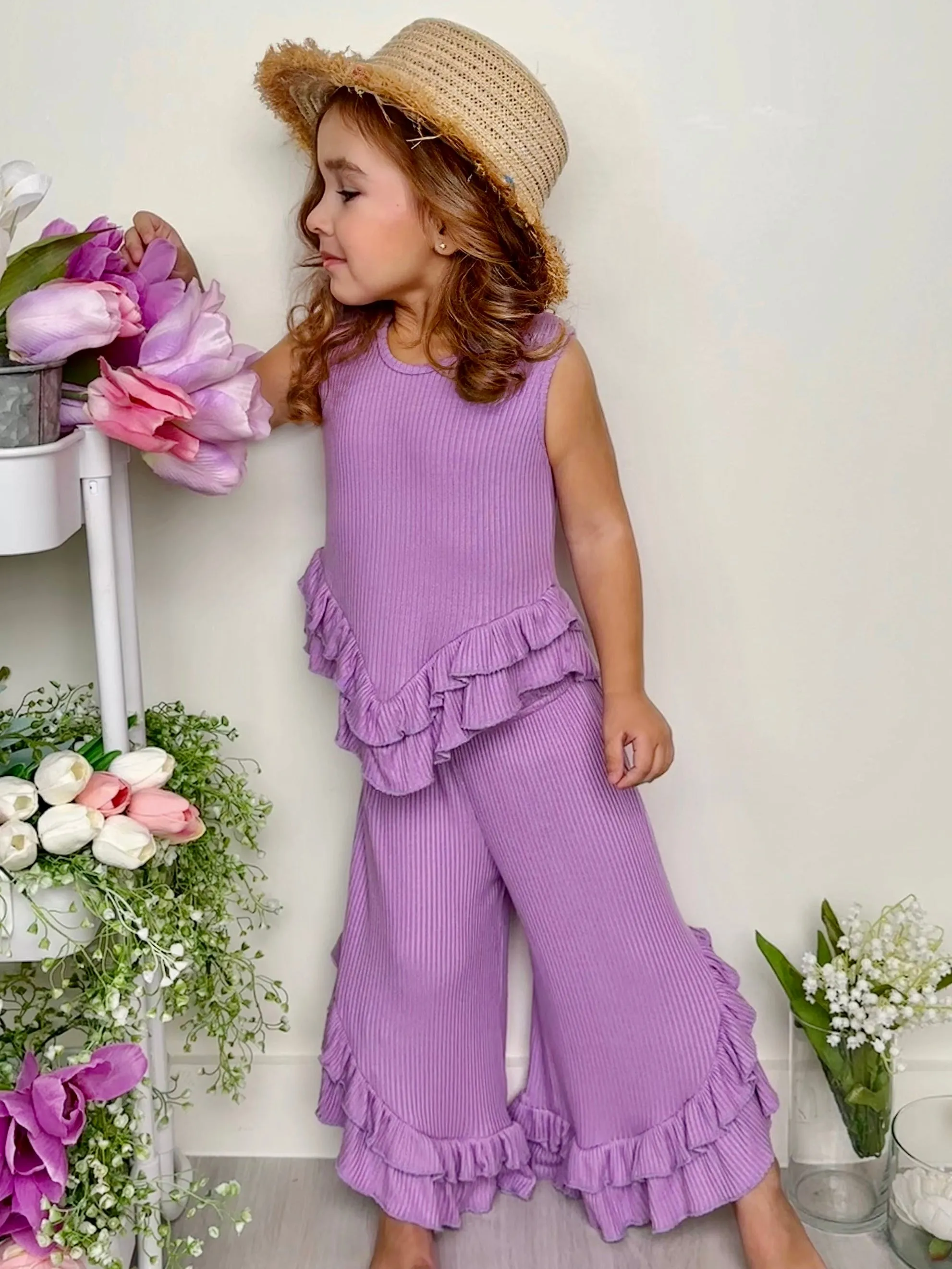 Just Being Cute Lilac Ruffle Pants Set