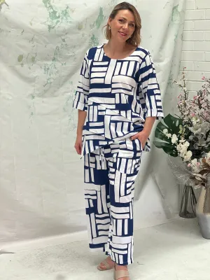 Karla Geometrics Blue Linen Top