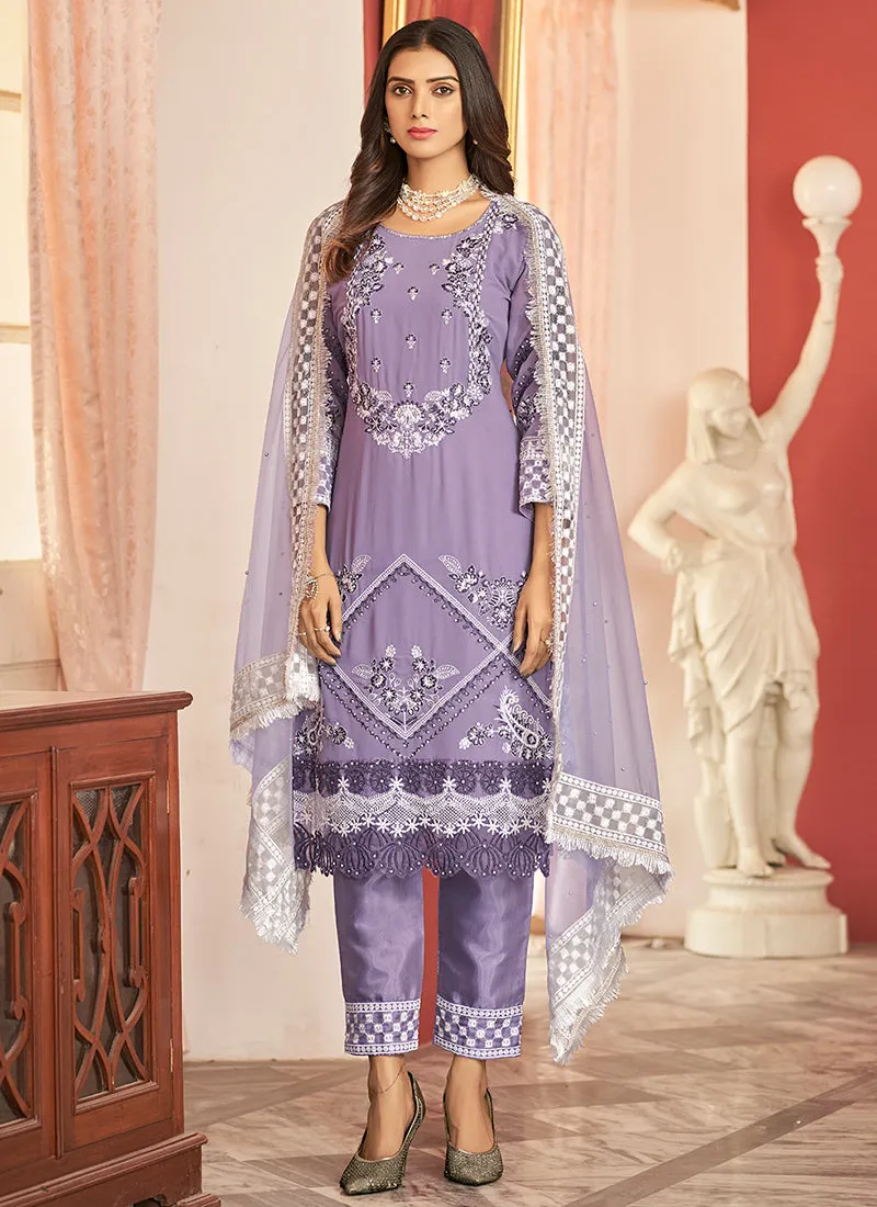 Lavender Embroidery Pakistani Pant Style Suit