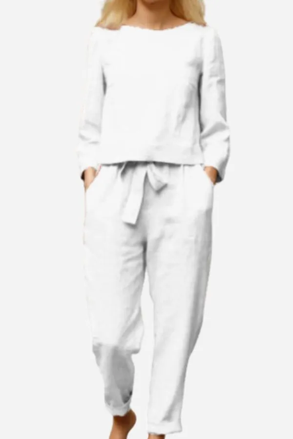 Linen Belle™ | Women's 2-Piece Set | Long Sleeve Shirt & Elastic Waistband Pencil Pants
