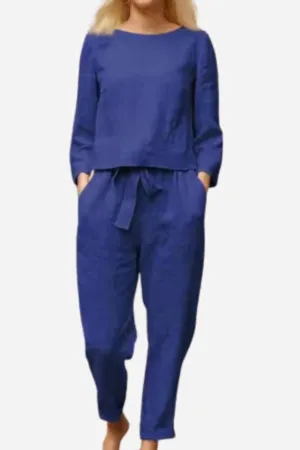 Linen Belle™ | Women's 2-Piece Set | Long Sleeve Shirt & Elastic Waistband Pencil Pants