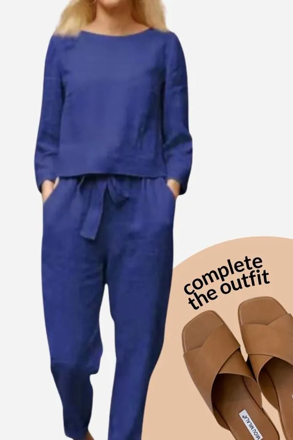 Linen Belle™ | Women's 2-Piece Set | Long Sleeve Shirt & Elastic Waistband Pencil Pants