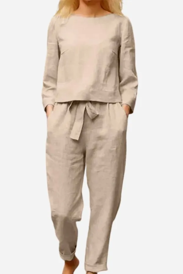 Linen Belle™ | Women's 2-Piece Set | Long Sleeve Shirt & Elastic Waistband Pencil Pants