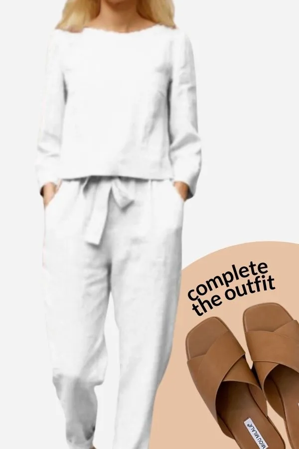 Linen Belle™ | Women's 2-Piece Set | Long Sleeve Shirt & Elastic Waistband Pencil Pants