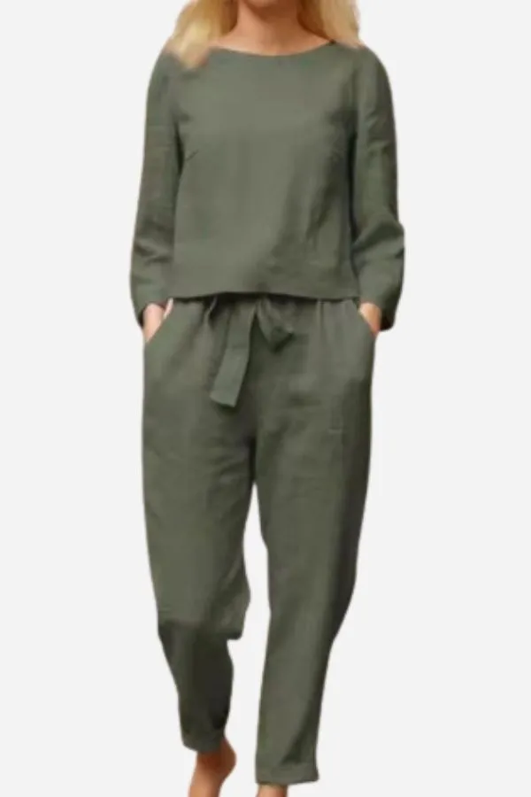 Linen Belle™ | Women's 2-Piece Set | Long Sleeve Shirt & Elastic Waistband Pencil Pants
