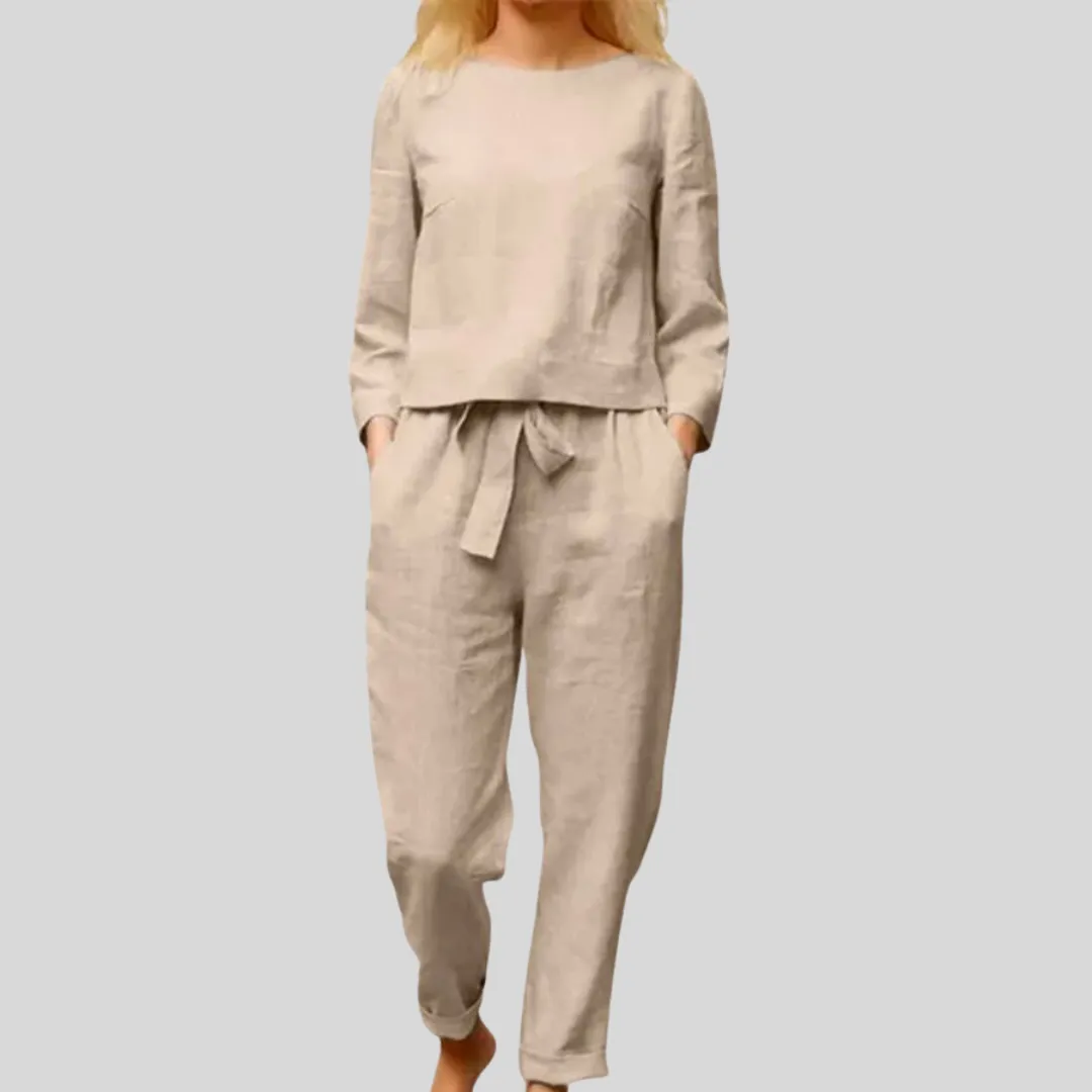 Linen Belle™ | Women's 2-Piece Set | Long Sleeve Shirt & Elastic Waistband Pencil Pants