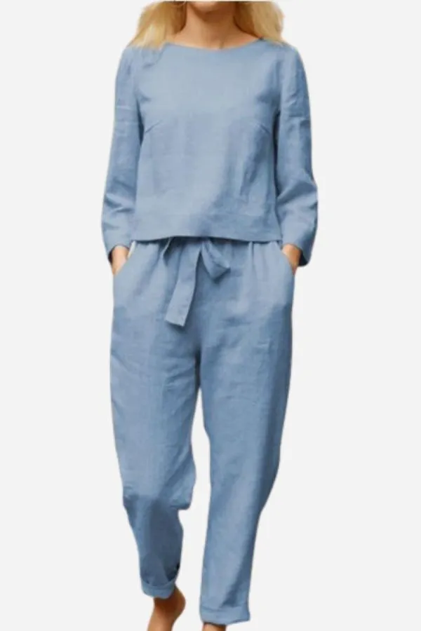 Linen Belle™ | Women's 2-Piece Set | Long Sleeve Shirt & Elastic Waistband Pencil Pants