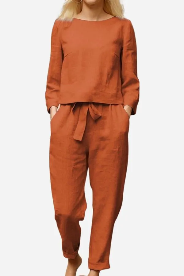 Linen Belle™ | Women's 2-Piece Set | Long Sleeve Shirt & Elastic Waistband Pencil Pants