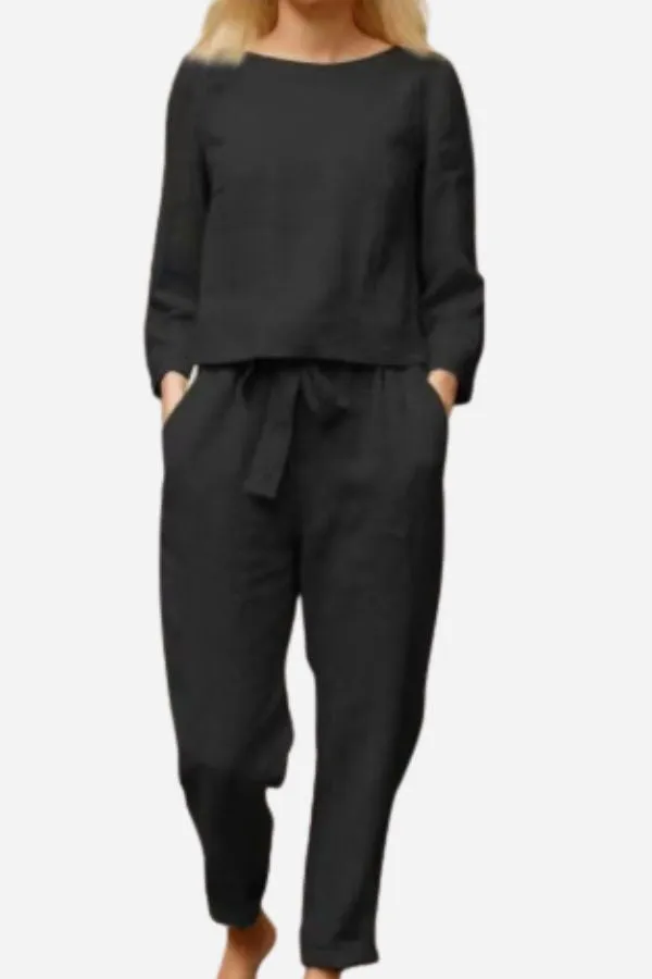 Linen Belle™ | Women's 2-Piece Set | Long Sleeve Shirt & Elastic Waistband Pencil Pants