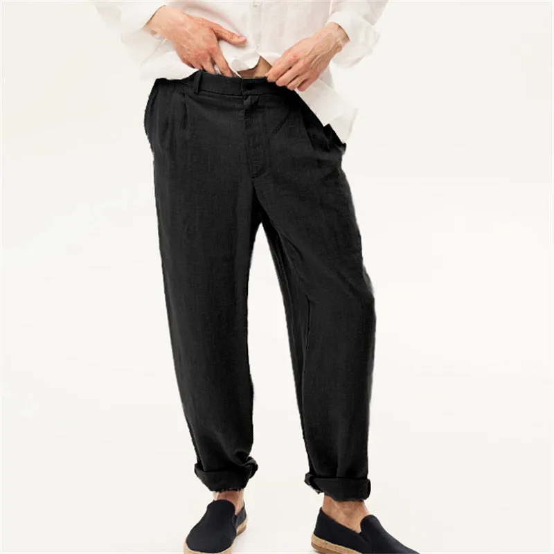 Linen Front Dart Diagonal Pocket Loose Straight Casual Breathable Trousers