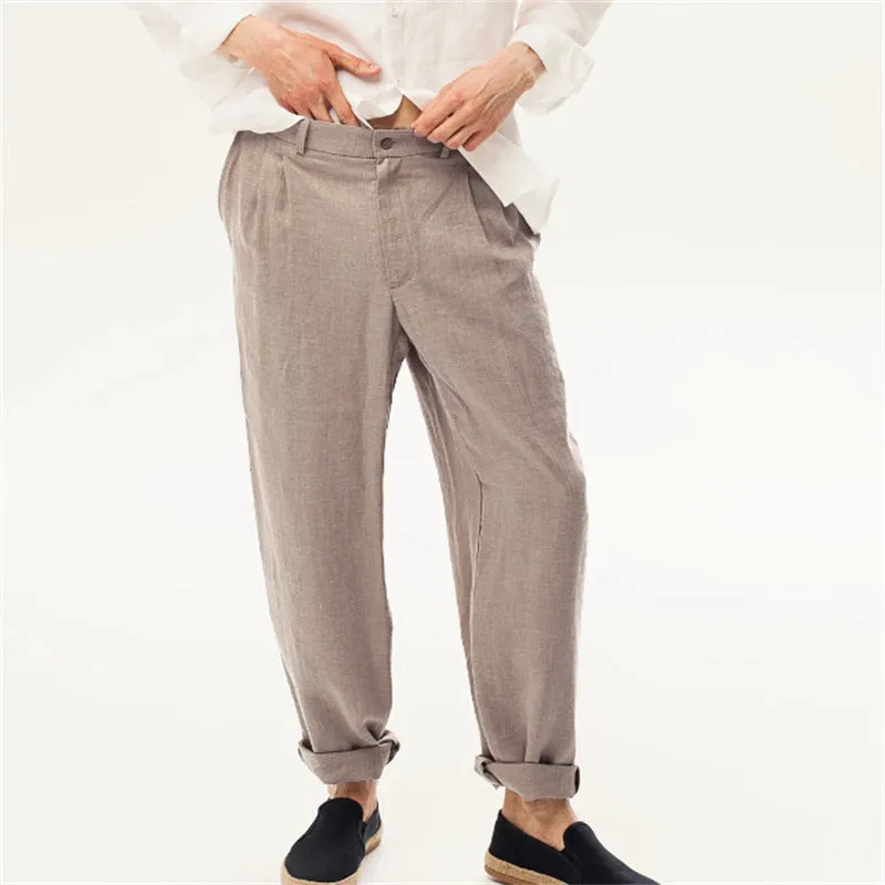 Linen Front Dart Diagonal Pocket Loose Straight Casual Breathable Trousers