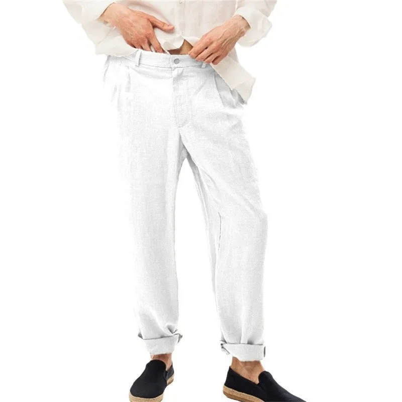 Linen Front Dart Diagonal Pocket Loose Straight Casual Breathable Trousers