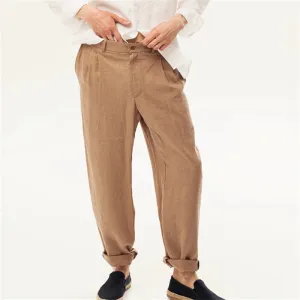 Linen Front Dart Diagonal Pocket Loose Straight Casual Breathable Trousers