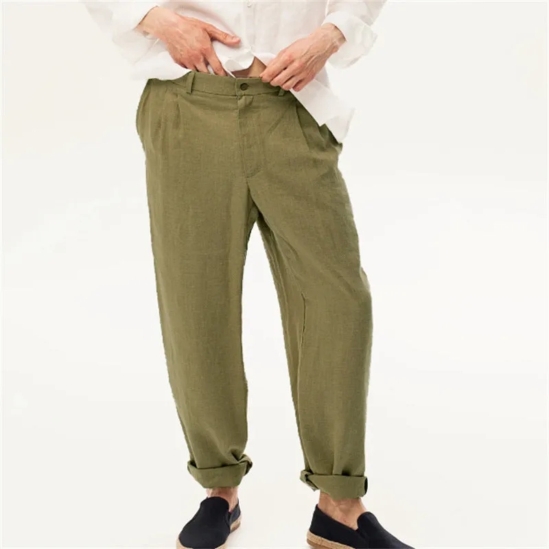 Linen Front Dart Diagonal Pocket Loose Straight Casual Breathable Trousers