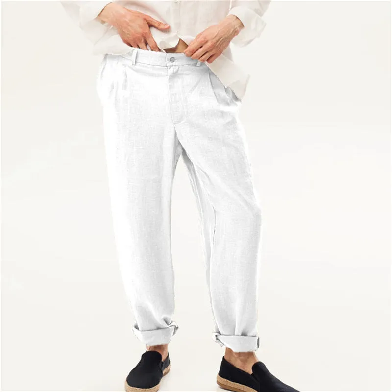 Linen Front Dart Diagonal Pocket Loose Straight Casual Breathable Trousers