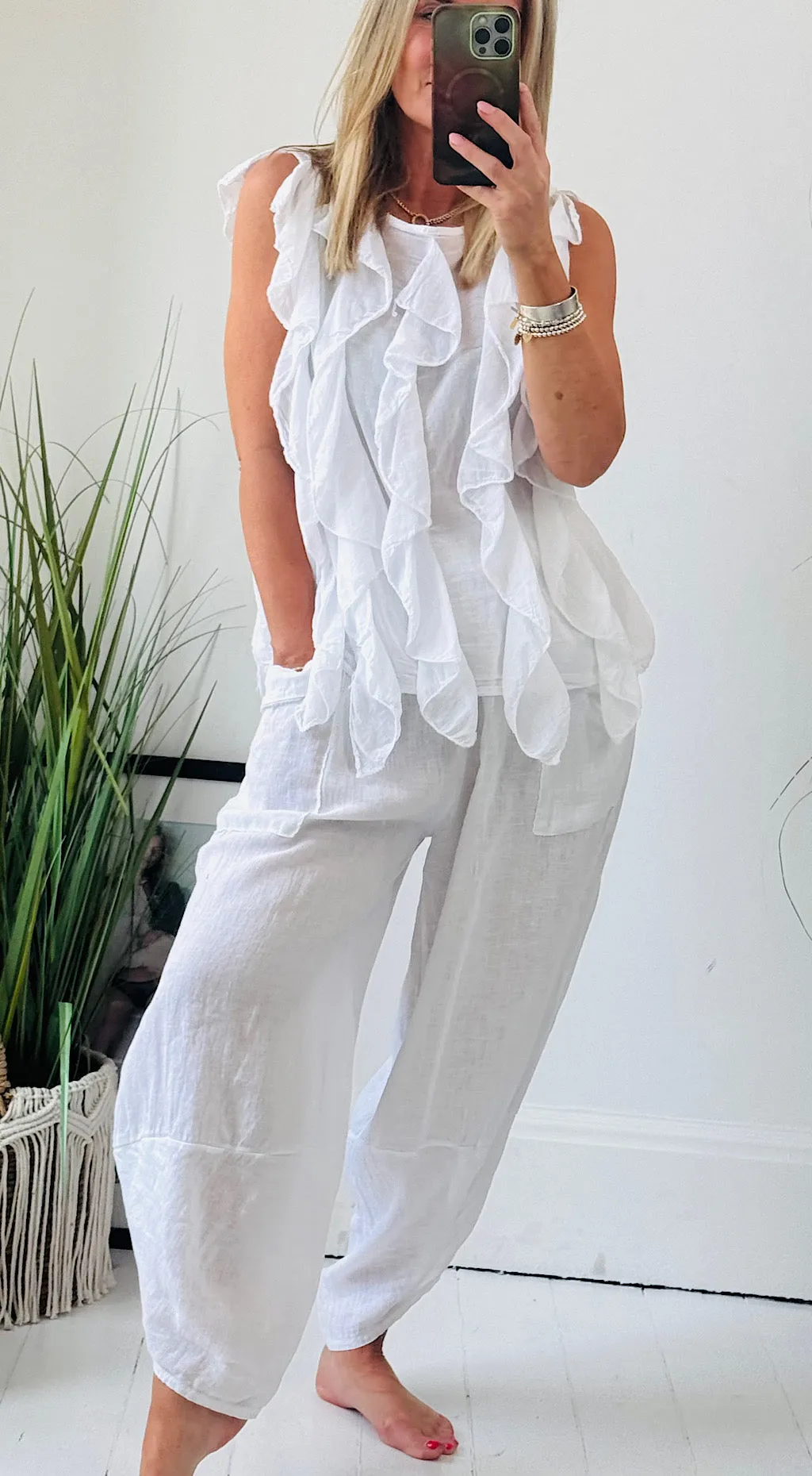 Linen pocket pants white