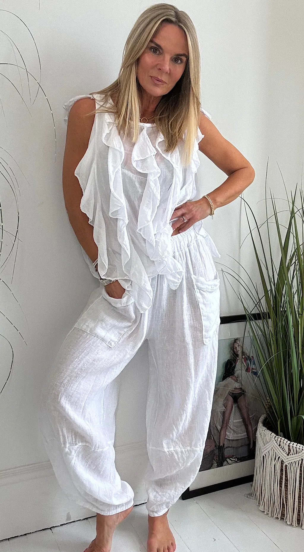 Linen pocket pants white