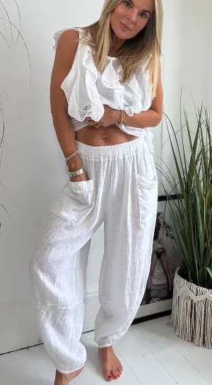 Linen pocket pants white