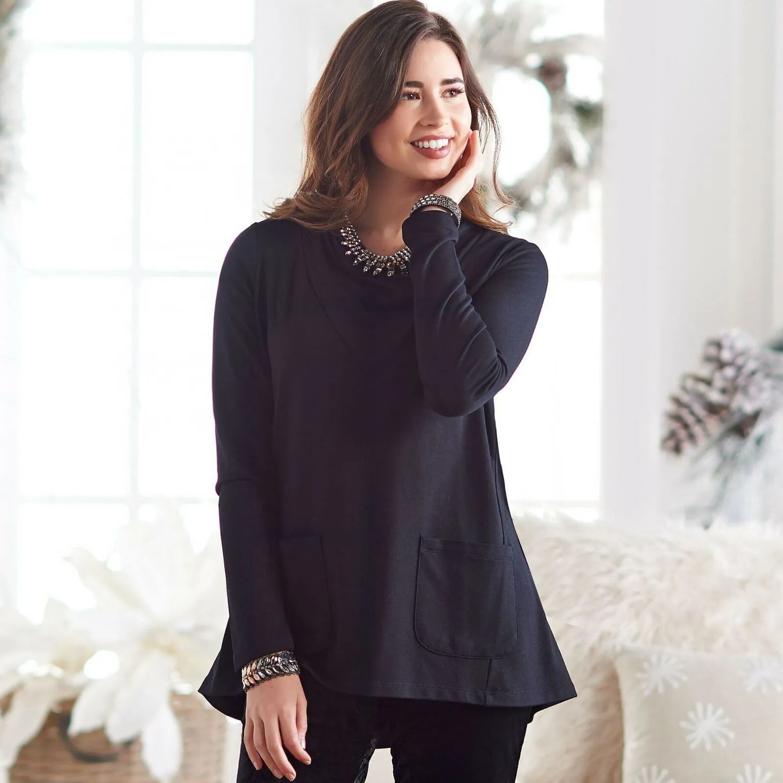 LOGO by Lori Goldstein Women's French Terry Cowl Neck Knit Top