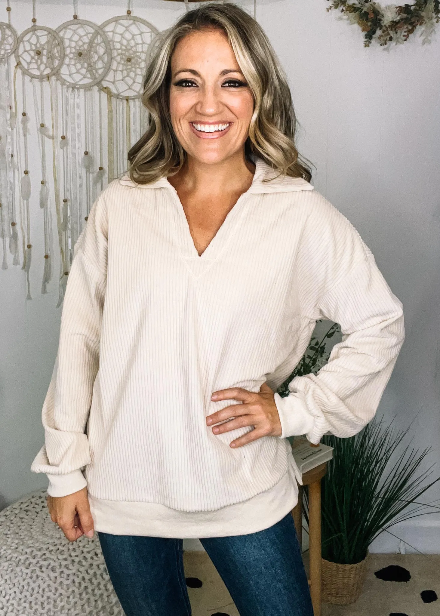 Long Sleeve Collared Corduroy Top