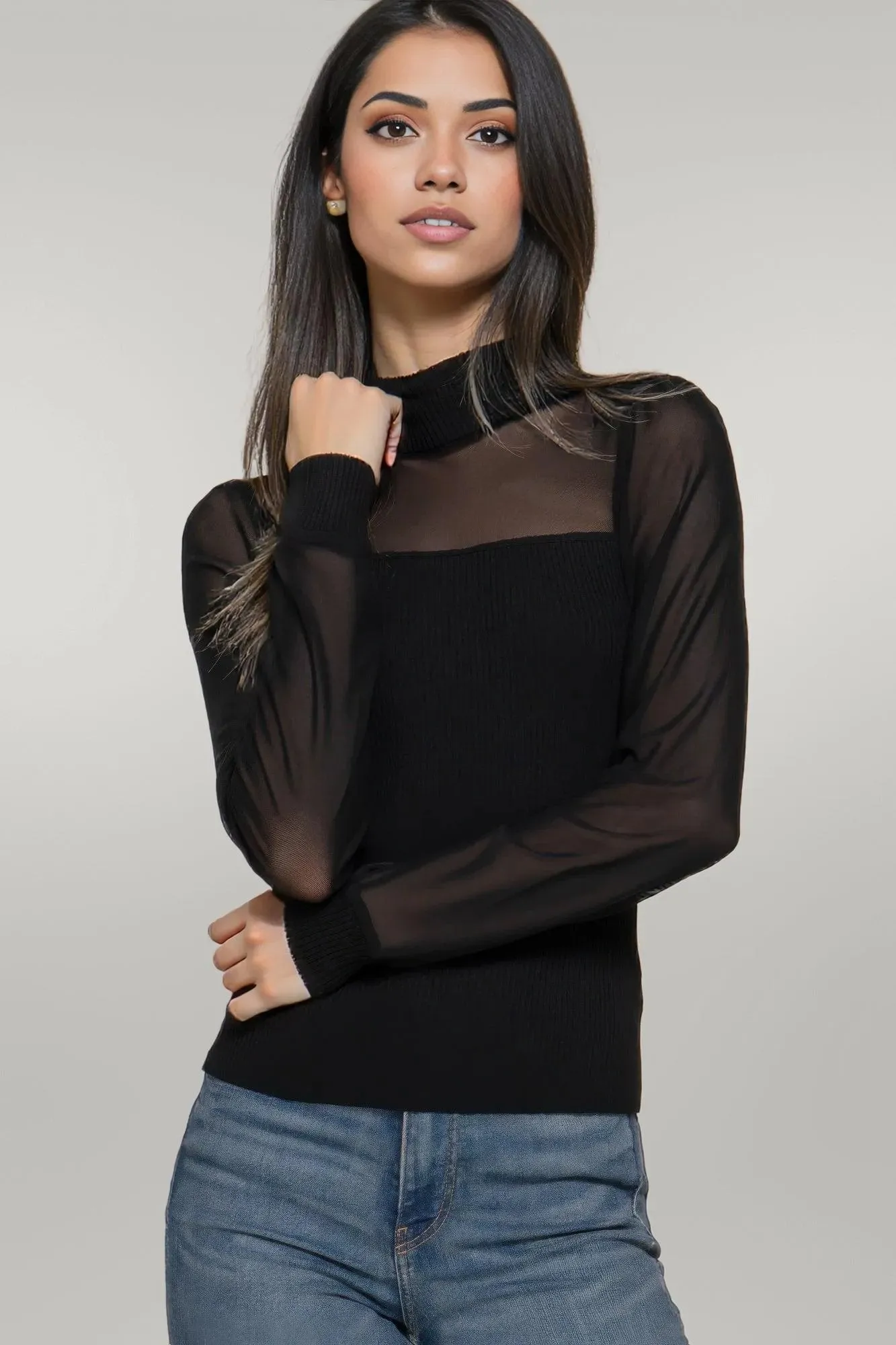 Long Sleeve Mesh Panel Detail Sweater Top