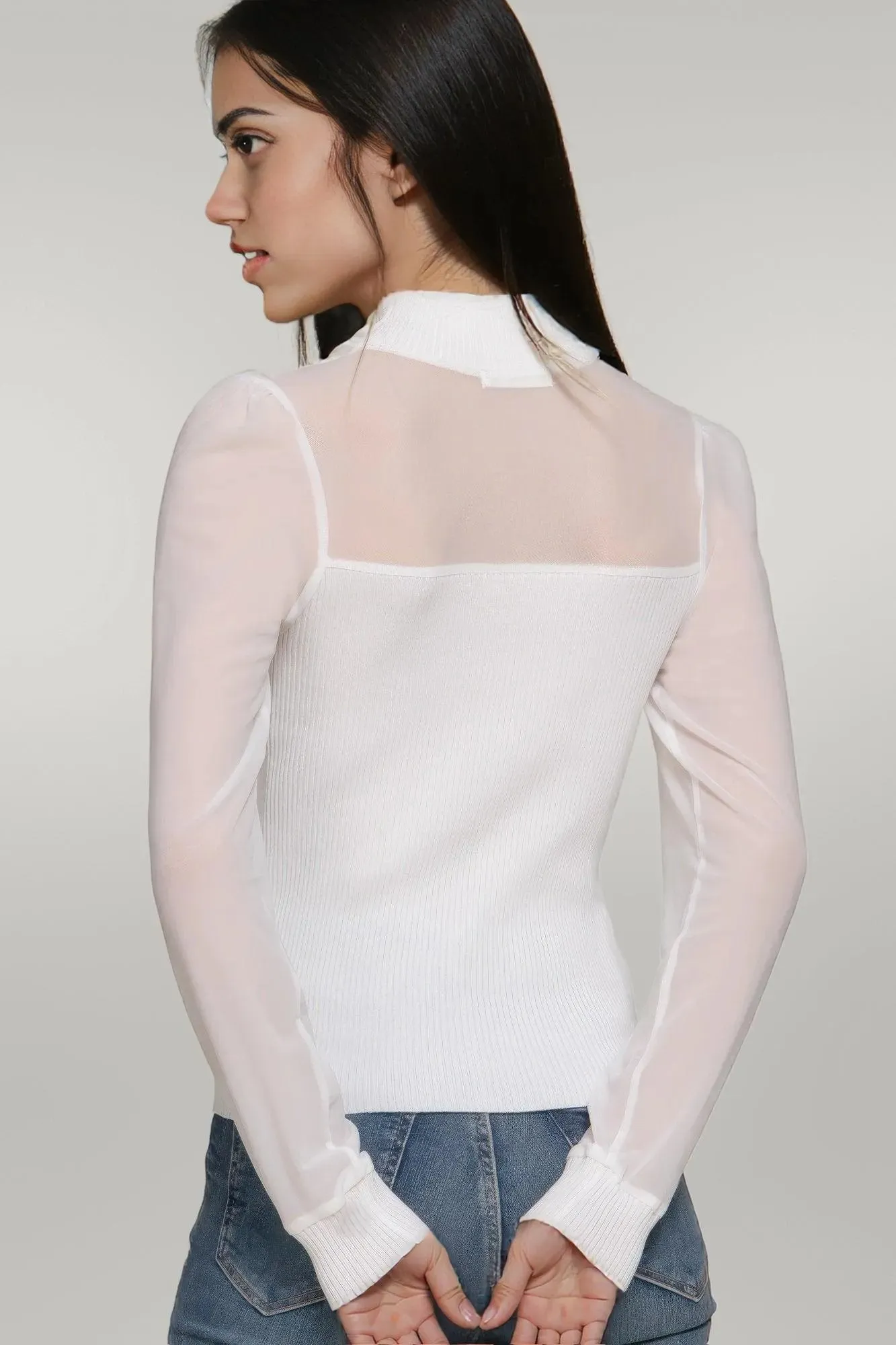 Long Sleeve Mesh Panel Detail Sweater Top