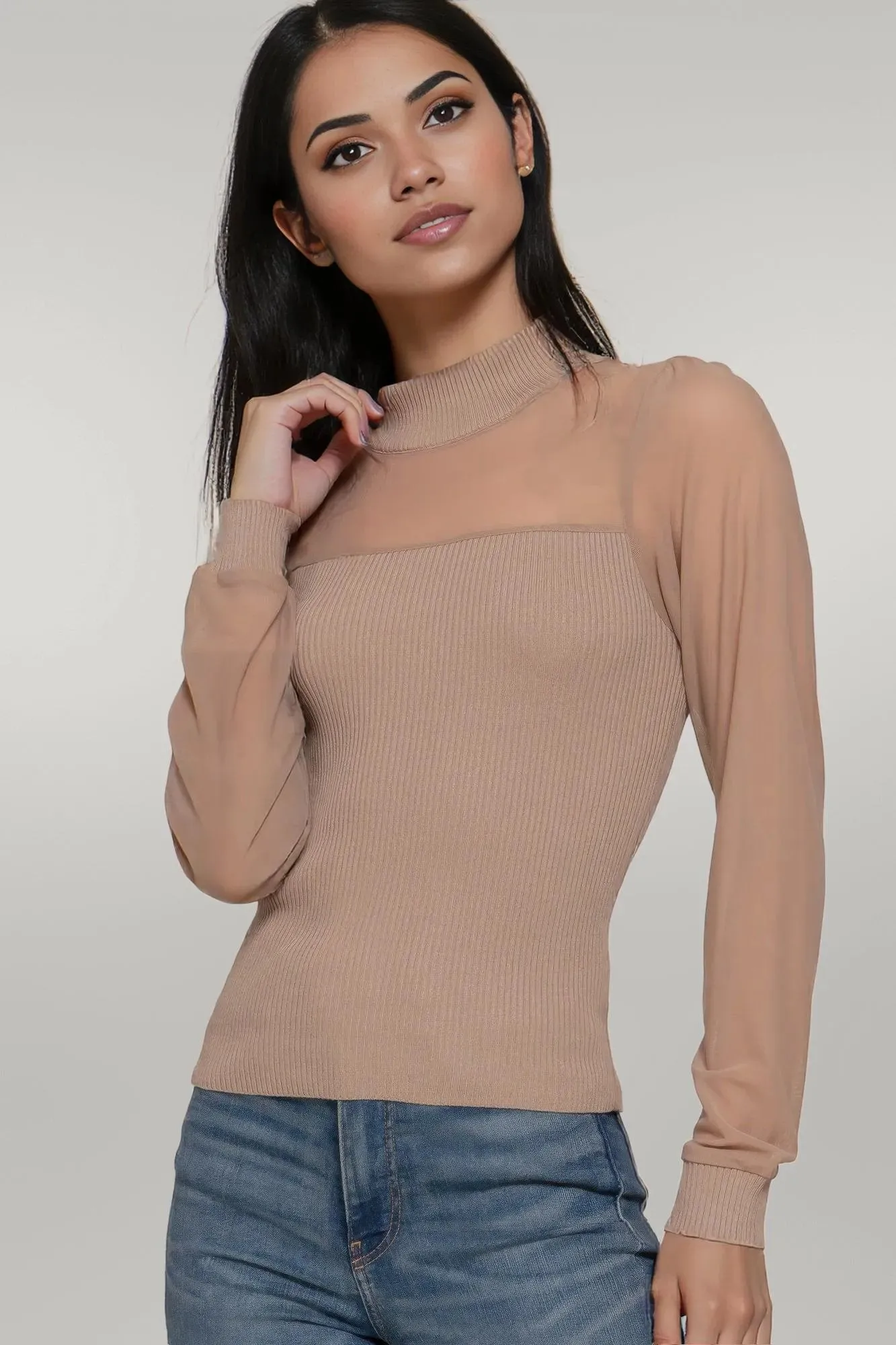 Long Sleeve Mesh Panel Detail Sweater Top