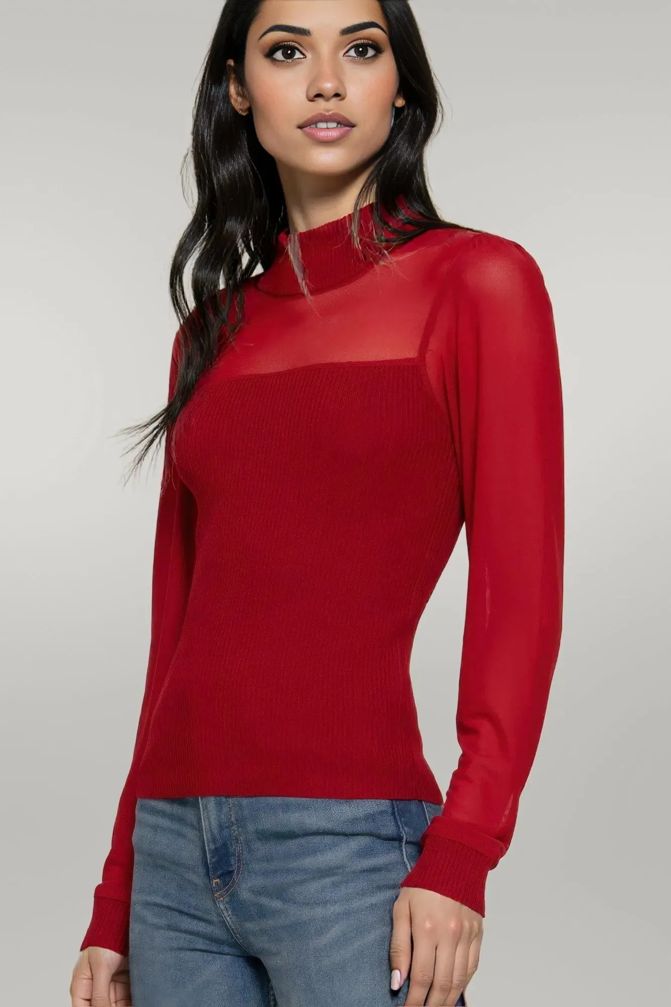 Long Sleeve Mesh Panel Detail Sweater Top