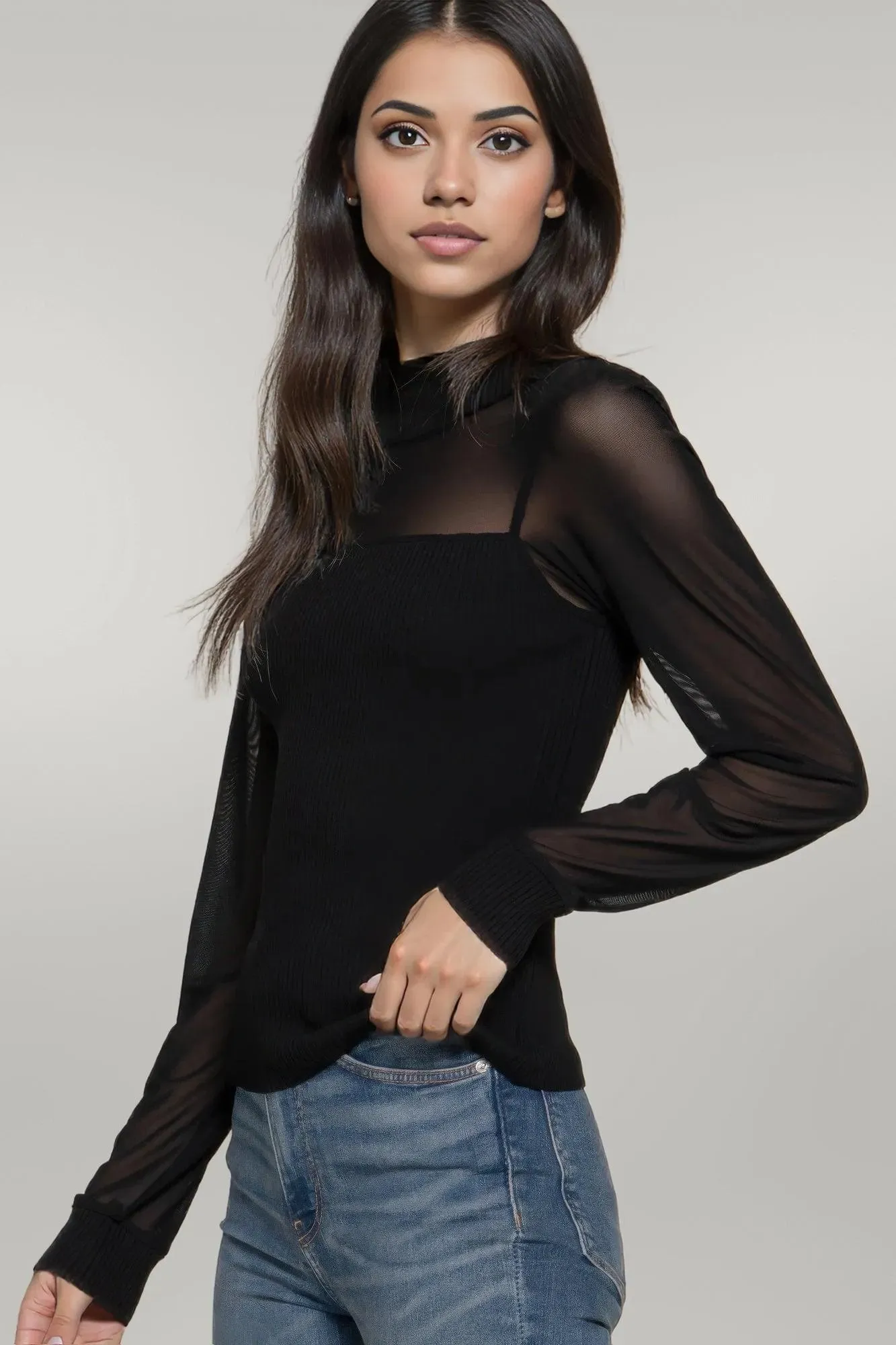 Long Sleeve Mesh Panel Detail Sweater Top