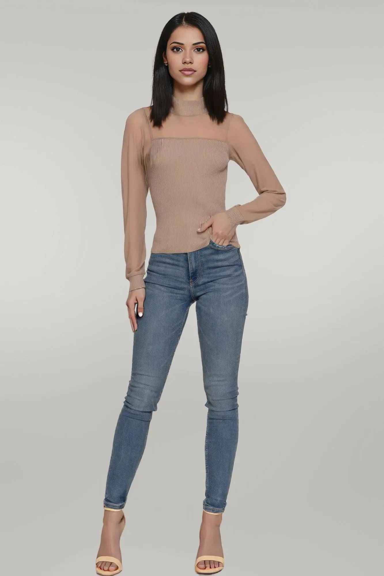Long Sleeve Mesh Panel Detail Sweater Top
