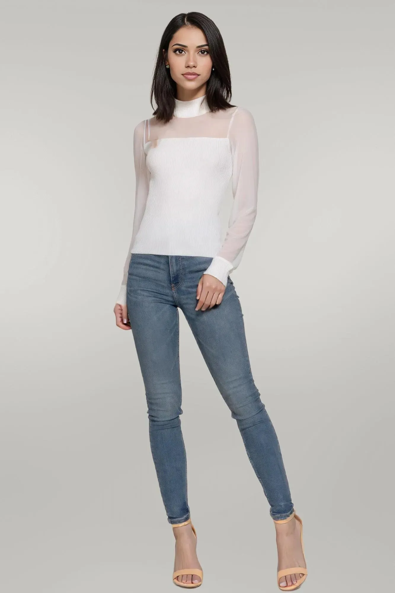 Long Sleeve Mesh Panel Detail Sweater Top