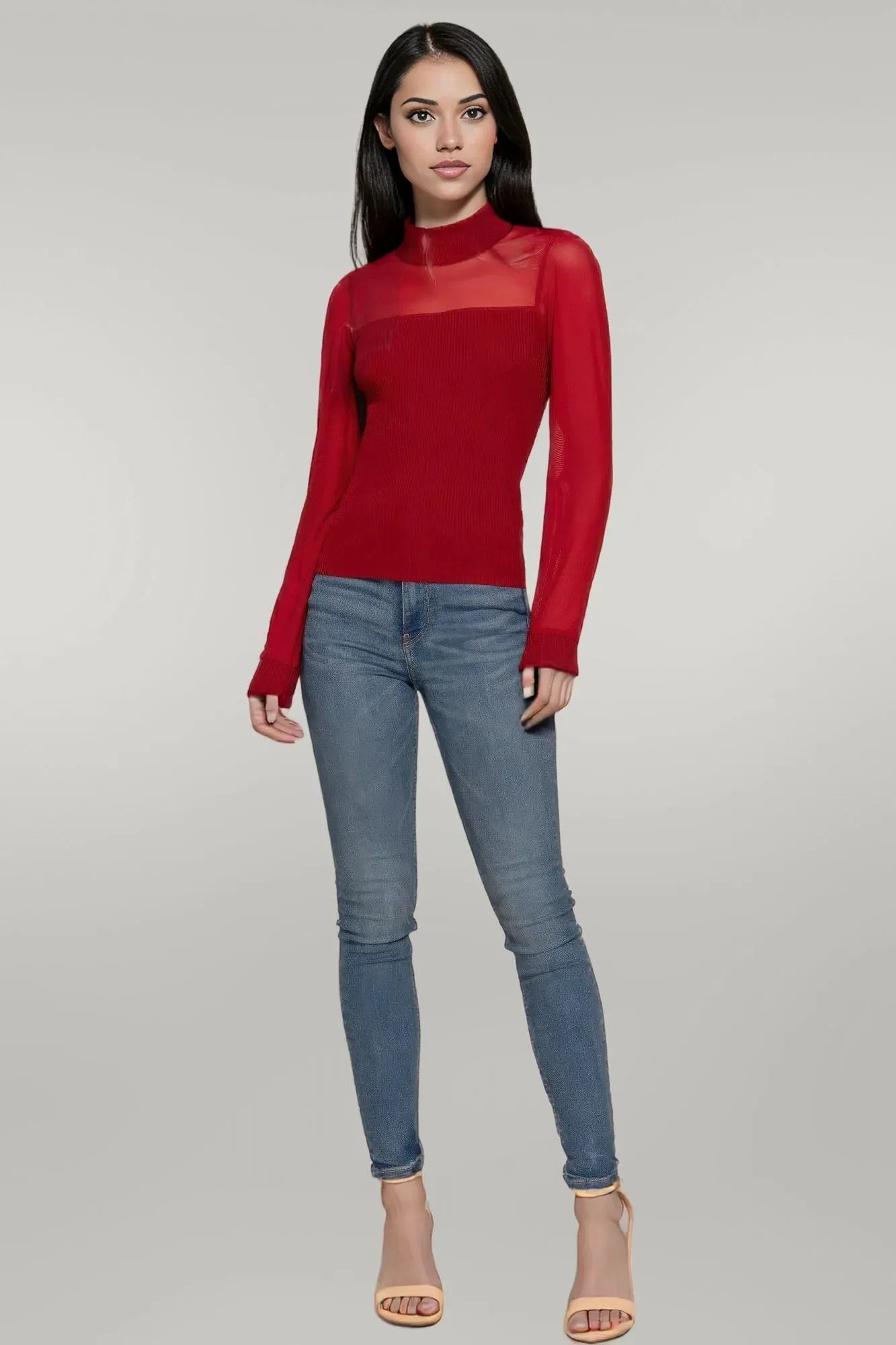 Long Sleeve Mesh Panel Detail Sweater Top