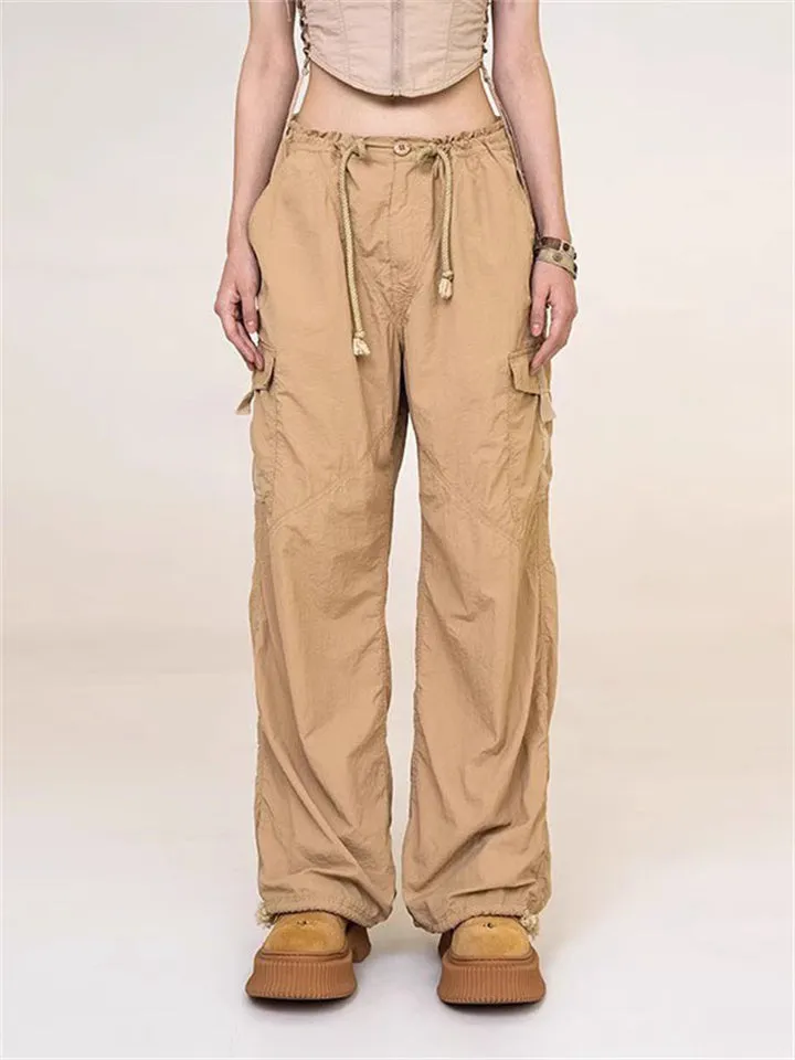 Loose Drawstring Waist Straight-Leg Cargo Pants for Female