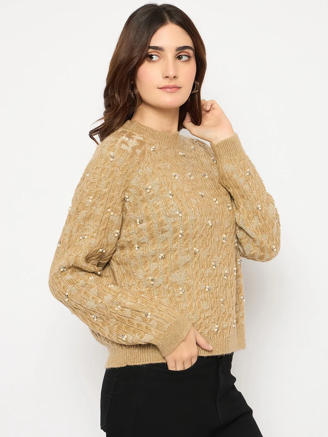 Madame Cable Knit Pearl Embellished Brown Sweater